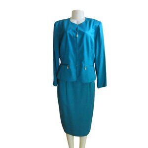 Vintage Adrianna Papell Safe Silk Teal Skirt Suit, Skirt & Jacket SZ 14